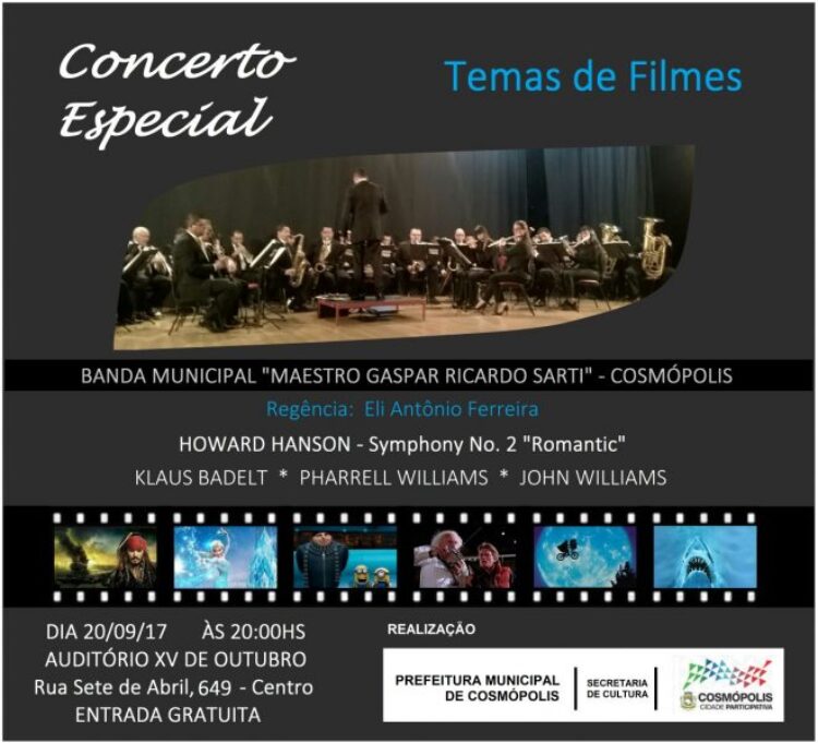 Concerto Especial com a Banda Municipal traz no repertório temas de filmes