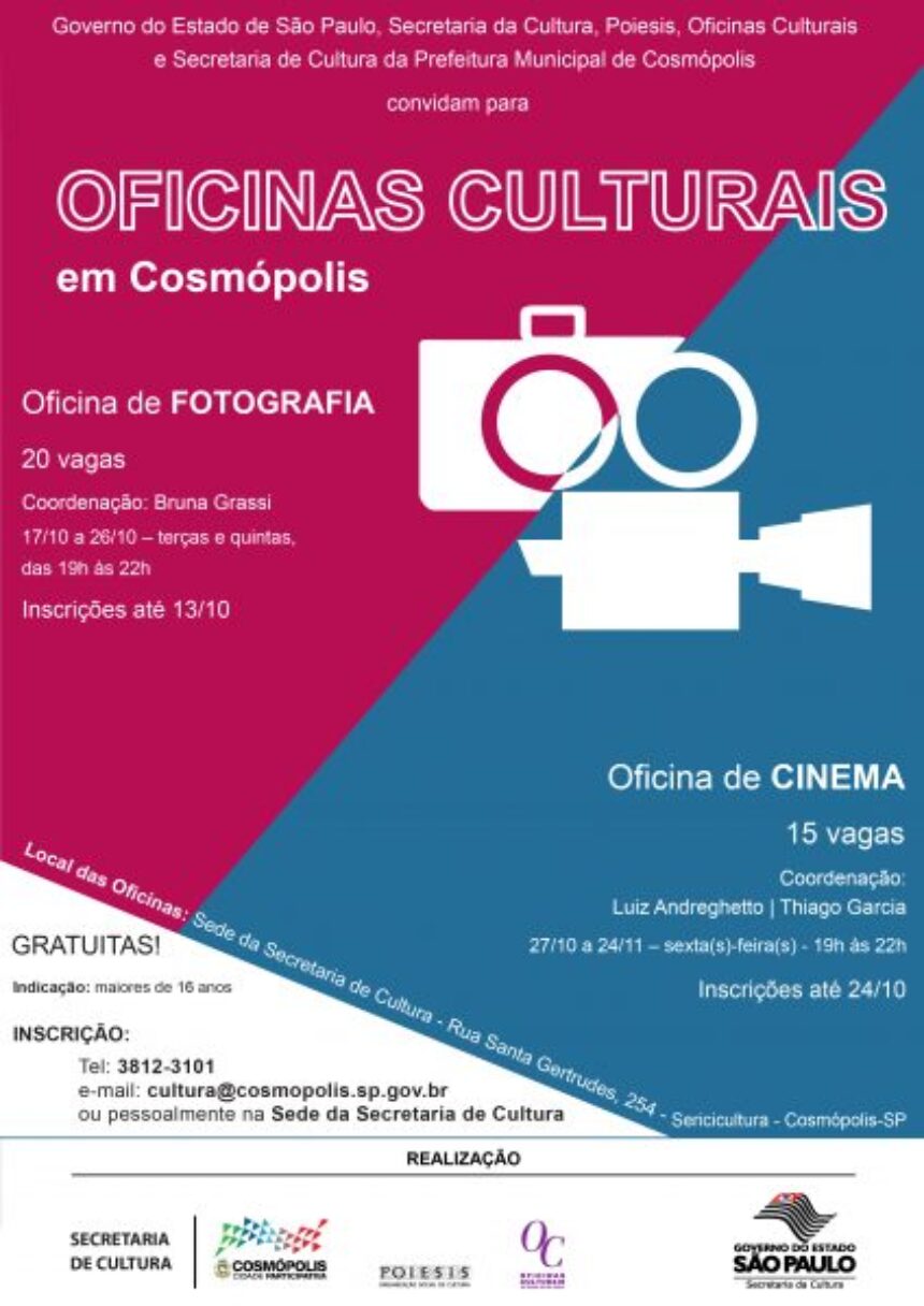 Inscrições abertas para oficinas gratuitas de fotografia e cinema em Cosmópolis