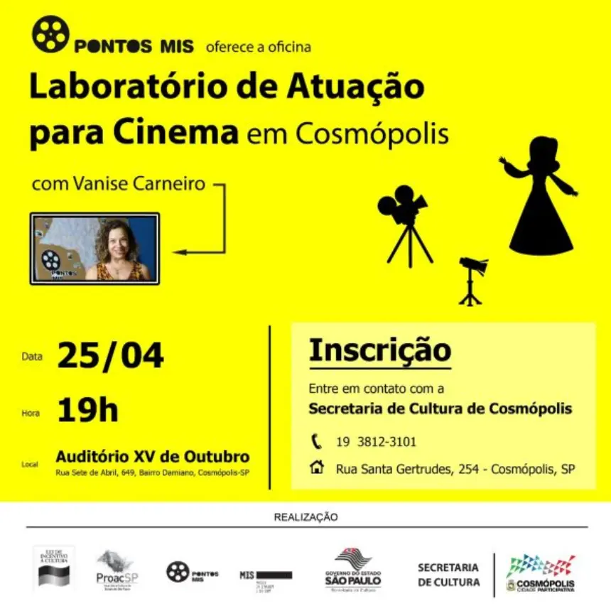 Oficina gratuita de atuação para cinema ainda tem inscrições abertas