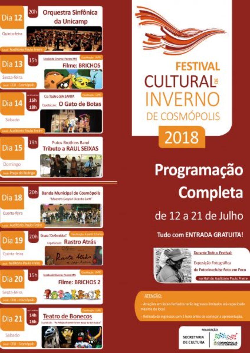 Festival Cultural de Inverno de Cosmópolis começa nesta quinta-feira (12)