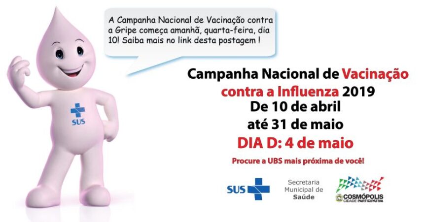 Campanha de vacinação contra a gripe ocorre de 10 de abril a 31 de maio