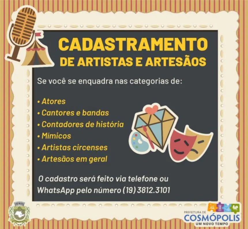 Secretaria de Cultura está realizando cadastramento de músicos e artesãos de Cosmópolis