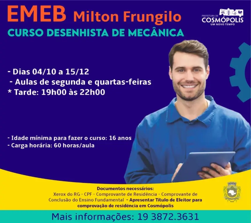 Abertas as inscrições para Curso gratuito de desenhista de Mecânica