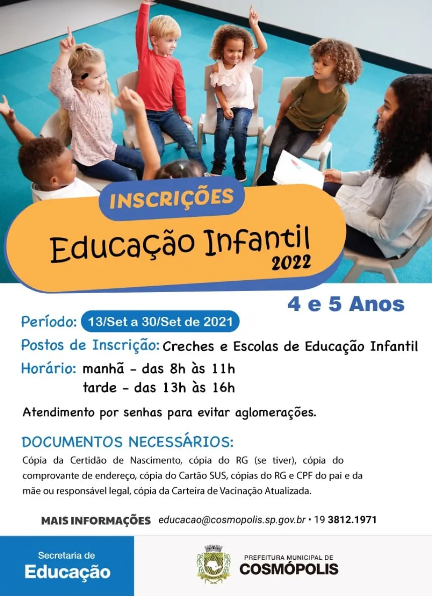 Abertas a partir do dia 13 inscrições para creche e educação infantil