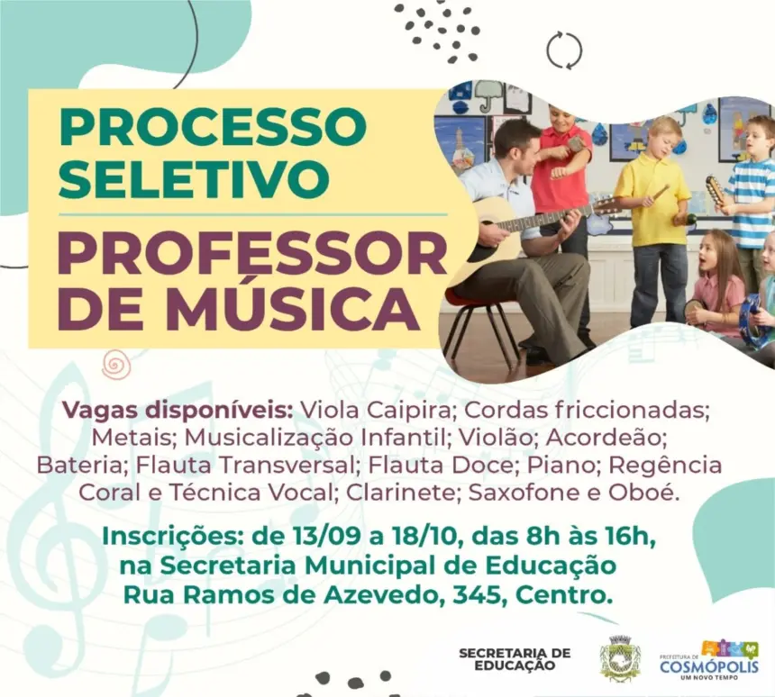 Educação abrirá processo seletivo para professor de música a partir do dia 13