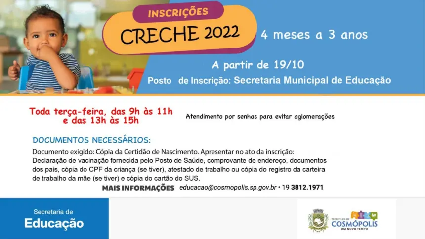 Educação reabrirá inscrições para creche na próxima terça-feira (19)