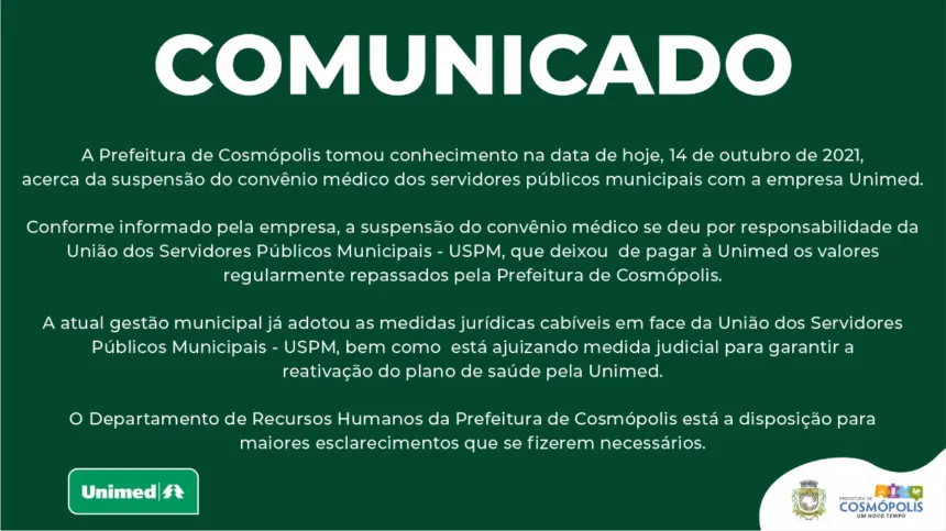 COMUNICADO URGENTE AOS SERVIDORES PÚBLICOS MUNICIPAIS CONVENIADOS COM A UNIMED