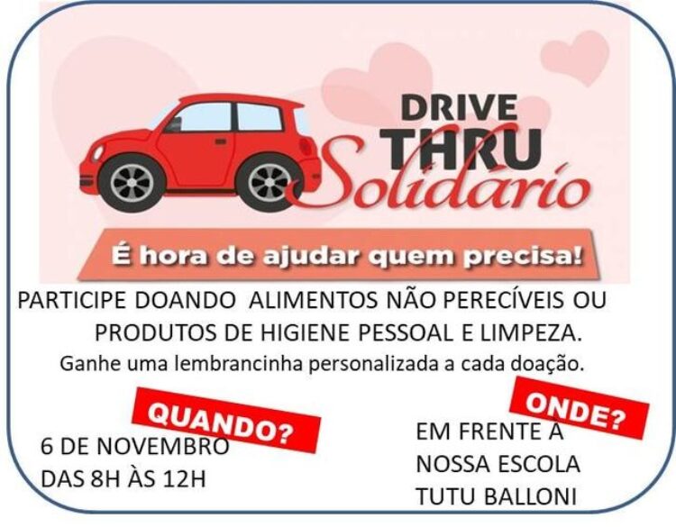 EMEB Tutu Balloni realiza ‘Drive Thru Solidário’ que beneficiará o Lar Arco Íris de Cosmópolis