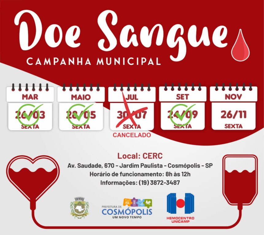 Doação de Sangue acontece nesta sexta-feira (26) em Cosmópolis