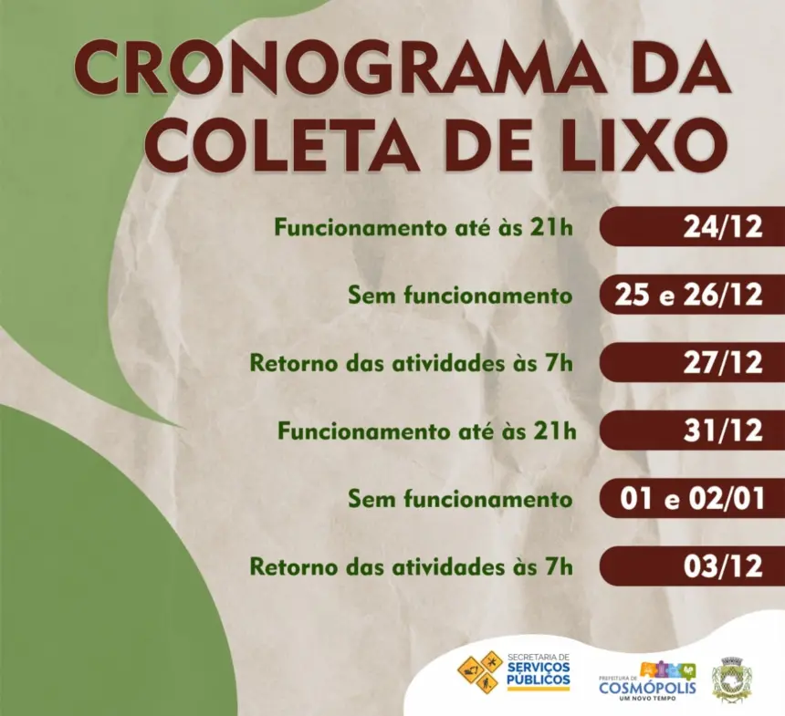 Cronograma da coleta de lixo