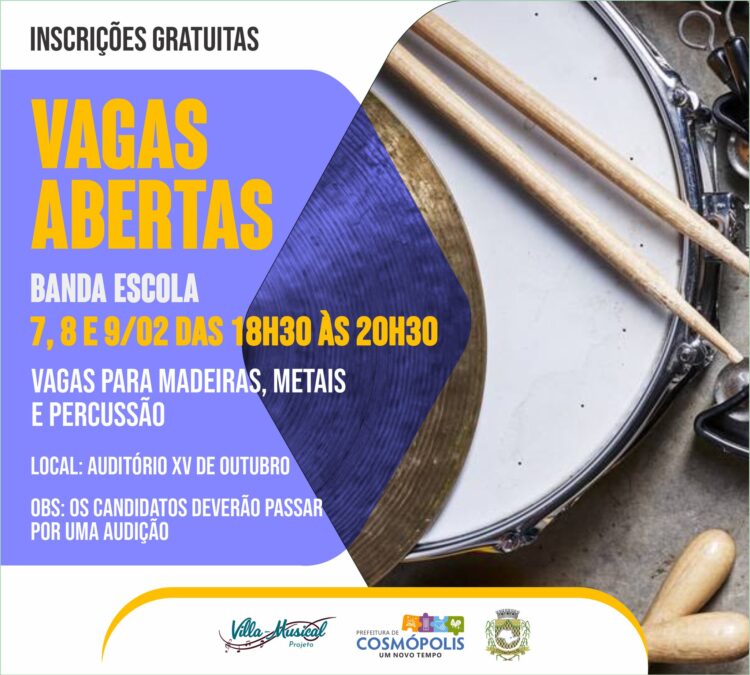 Villa Musical abrirá inscrições para Banda Escola, Coral Municipal e Orquestra Sinfônica de Cosmópolis.