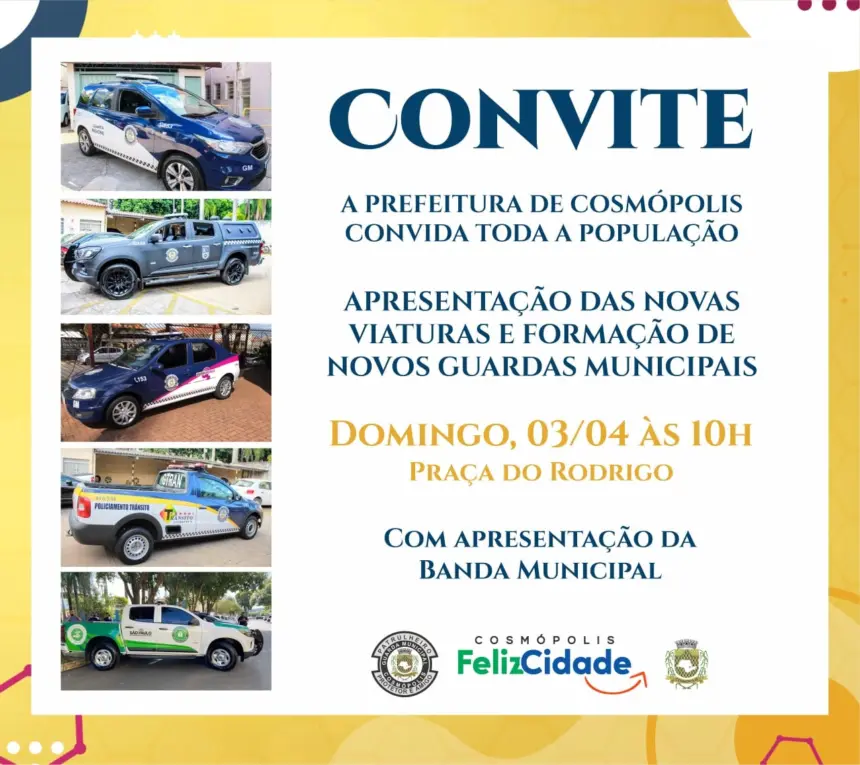 Prefeitura convida toda a população para a cerimônia de apresentação das novas viaturas e formação de novos guardas municipais