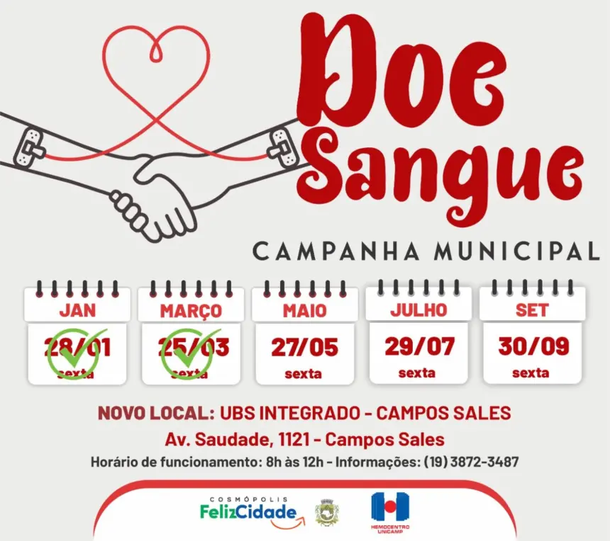 Campanha de doação de sangue acontece nesta sexta-feira em novo local