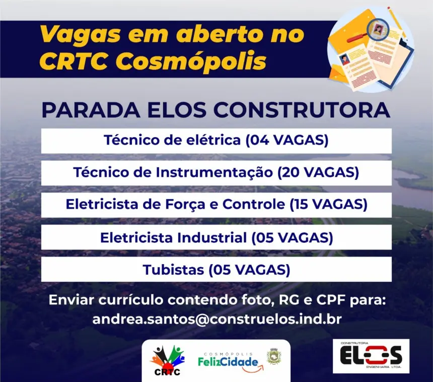 CRTC está com 49 vagas de empregos em aberto para a Elos Construtora