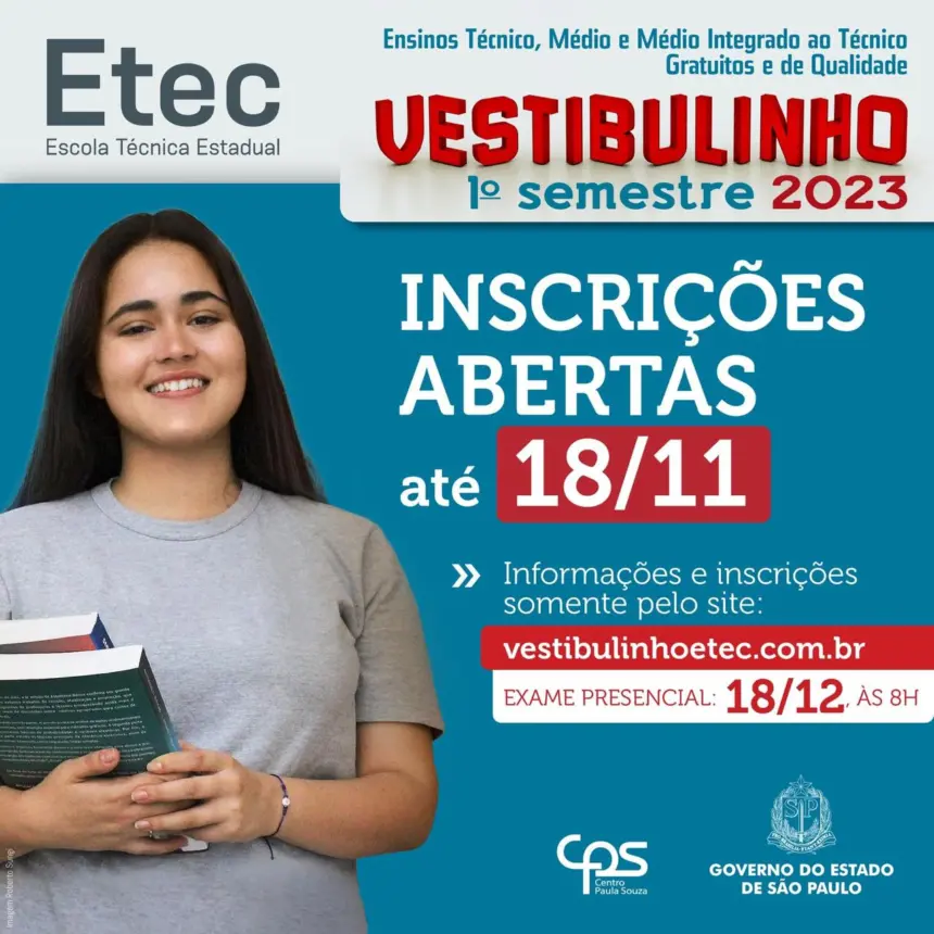 Abertas as inscrições para o ‘Vestibulinho da ETEC’