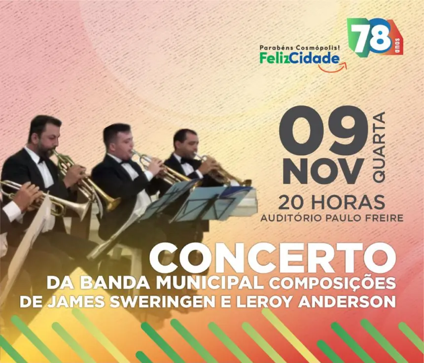 Concerto da Banda Municipal com composições de James Sweringen e Leroy Anderson