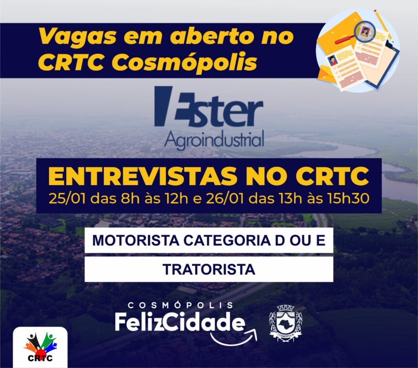 CRTC divulga vagas em parceria com a Ester Agroindustrial