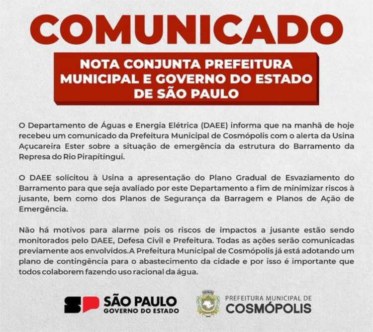Nota conjunta Prefeitura Municipal e Governo do Estado de São Paulo