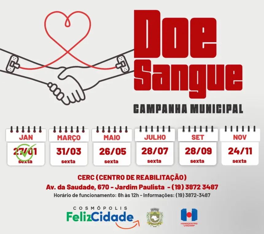 Campanha de doação de sangue acontecerá na sexta-feira (31)