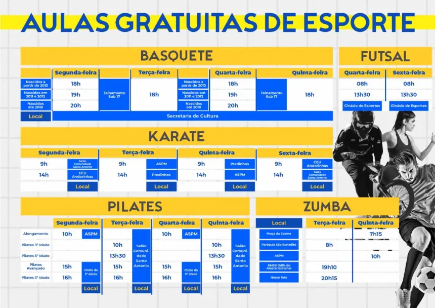 Todos os dias da semana, diversas opções de aulas gratuitas!