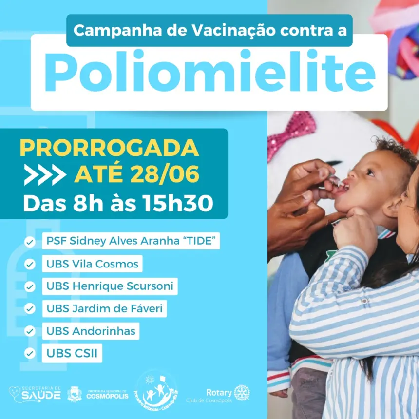 Campanha de Vacinação contra a Poliomielite é prorrogada