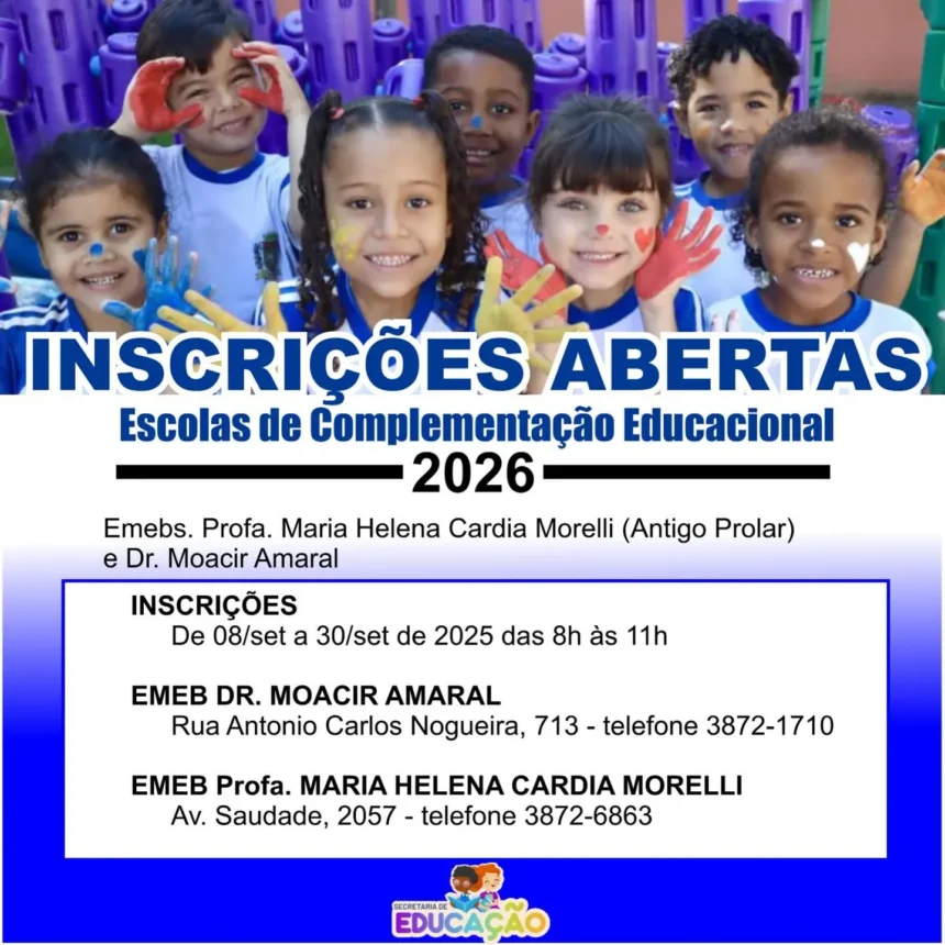 Inscrições para a escolas de complementação educacional para o ano letivo de 2026