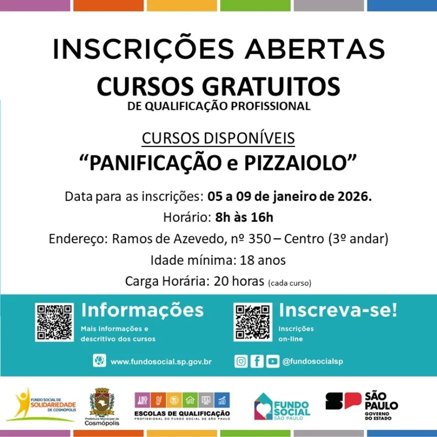 Cursos GRATUITOS de Panificação e Pizzaiolo em Cosmópolis